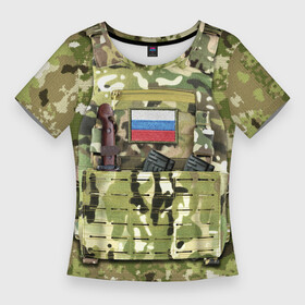 Женская футболка 3D Slim с принтом Бронежилет с боекомплектом в Екатеринбурге,  |  | армия | боекомплект | бронежилет | камуфляж | магазин акм | солдатский | флаг россии | шеврон | штык нож