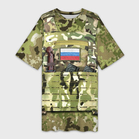 Платье-футболка 3D с принтом Бронежилет с боекомплектом в Екатеринбурге,  |  | армия | боекомплект | бронежилет | камуфляж | магазин акм | солдатский | флаг россии | шеврон | штык нож