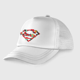 Детская кепка тракер с принтом Logo Superman в Екатеринбурге, Козырек - 100% хлопок. Кепка - 100% полиэстер, Задняя часть - сетка | универсальный размер, пластиковая застёжка | dc | буква | герой | знак | кларк кент | комиксы | логотип | персонаж | супермен