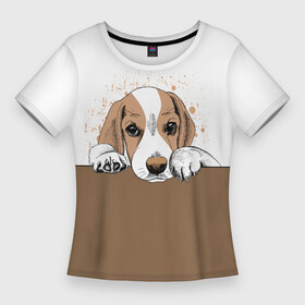 Женская футболка 3D Slim с принтом Грустный Щенок Бигля в Екатеринбурге,  |  | animal | beagle | dog | hunting dog | бигль | год собаки | гончая собака | друг человека | животное | зверь | кинолог | охотничья собака | пес | порода собак | собака бигль | собаковод | собачка | хищник