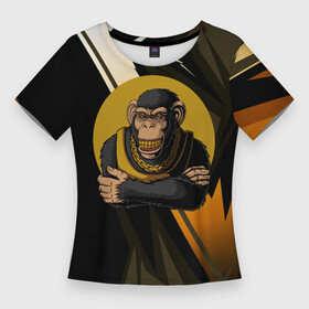 Женская футболка 3D Slim с принтом Обезьяна с золотой цепью в Екатеринбурге,  |  | monkey | золотая цепь | золото | обезьяна | обезьянка | цепочка