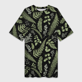 Платье-футболка 3D с принтом Зелёные листья папоротника на черном фоне в Екатеринбурге,  |  | зеленые листья | листья | листья на темном фоне | папоротник | растения | растительный рисунок
