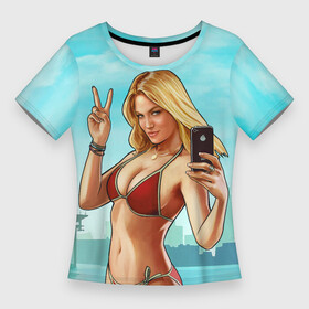 Женская футболка 3D Slim с принтом GTA Beach girl в Екатеринбурге,  |  | beach | blondie | girl | gta | gta 5 | ifruit | phone | блондинка | гта | гта 5 | девушка | купальник | пляж | телефон