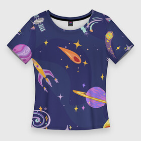 Женская футболка 3D Slim с принтом Космический дизайн с планетами, звёздами и ракетами в Екатеринбурге,  |  | астероид | астронавт | астрономия | звездопад | звезды | инопланетяне | космический корабль | космонавт | космос | летающая тарелка | луна | нло | планета | планеты | ракета | сатурн