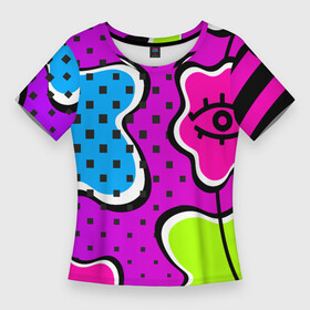 Женская футболка 3D Slim с принтом Яркий абстрактный узор в стиле 90х, неоновые цвета в Екатеринбурге,  |  | 90 | 90х | 90ые | pop art | амебы | геометрический | глаз | глаза | кислотные | кляксы | неон | неоновый | поп | поп арт | пятна | розовый | салатовый | сетка дот | яркий
