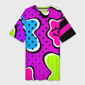 Платье-футболка 3D с принтом Яркий абстрактный узор в стиле 90х, неоновые цвета в Екатеринбурге,  |  | 90 | 90х | 90ые | pop art | амебы | геометрический | глаз | глаза | кислотные | кляксы | неон | неоновый | поп | поп арт | пятна | розовый | салатовый | сетка дот | яркий