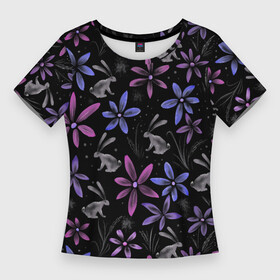 Женская футболка 3D Slim с принтом Зайцы в ночном саду в Екатеринбурге,  |  | floral | акварель | зайчики | цветочный | цветы