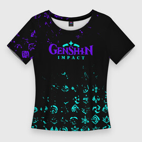 Женская футболка 3D Slim с принтом GENSHIN NEON PATTERN SYMBOL НЕОН ЭМБЛЕМЫ. в Екатеринбурге,  |  | genshin impact | razor genshin impact | аниме | геншин | геншин импакт | игра | рэйзор геншин | сяо лин genshin | ци ци геншин импакт