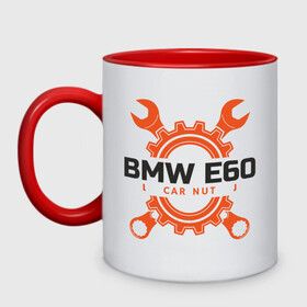 Кружка двухцветная с принтом BMW E60 в Екатеринбурге, керамика | объем — 330 мл, диаметр — 80 мм. Цветная ручка и кайма сверху, в некоторых цветах — вся внутренняя часть | auto | bmw | car | driver | авто | автомобиль | бмв | водитель | дорога | машина | скорость