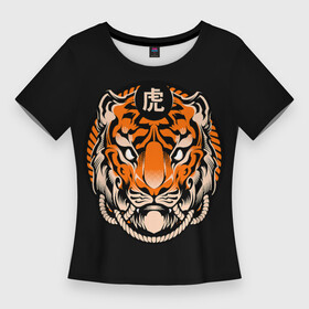 Женская футболка 3D Slim с принтом Символ тигра в Екатеринбурге,  |  | Тематика изображения на принте: eyes | grin | hieroglyphs | orange | striped | symbol | tiger | white | белые | глаза | иероглифы | оранжевый | оскал | полосатый | символ | тигр | тигра