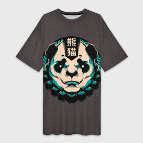 Платье-футболка 3D с принтом Символ Панды в Екатеринбурге,  |  | bear | black | eyes | green | hieroglyphs | panda | pandas | rosary | symbol | white | yang | yin | белые | белый | глаза | зеленые | иероглифы | инь | медведь | медведя | панда | панды | символ | черно | четки | янь
