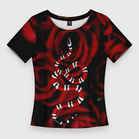 Женская футболка 3D Slim с принтом Змея в Цветах Розы Snake Rose в Екатеринбурге,  |  | cobra | flowers | red | rose | snake | гуси | животные | зверь | змея | кобра | растения | розы | цветы | чешуя