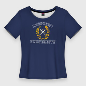 Женская футболка 3D Slim с принтом Michigan University, дизайн в стиле американского университета на синем фоне в Екатеринбурге,  |  | est | michigan | university | америка | американские университеты | американский колледж | американский спорт | биты | колледж | мяч | спорт | сша | университеты америки