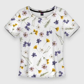 Женская футболка 3D Slim с принтом Простые цветы на белом фоне в Екатеринбурге,  |  | белый фон | василек | весна | веточки | детский принт | летний принт | лето | милый принт | наивный принт | пионы | простые цветы | разноцветные цветы | ромашки | сирень | цветочки | цветочный дизайн