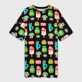 Платье-футболка 3D с принтом Всякая всячина  Hype в Екатеринбурге,  |  | eye | fingers | gesture | hand | hype | ice cream | monster | mushroom | pattern | star | глаз | гриб | жест | звезда | монстр | мороженое | пальцы | рука | узор | хайп