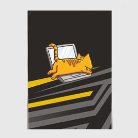 Постер с принтом Котик лежит на ноутбуке в Екатеринбурге, 100% бумага
 | бумага, плотность 150 мг. Матовая, но за счет высокого коэффициента гладкости имеет небольшой блеск и дает на свету блики, но в отличии от глянцевой бумаги не покрыта лаком | кот | кот на ноутбуке | котенок | котик | кошка | ноут | ноутбук | сон