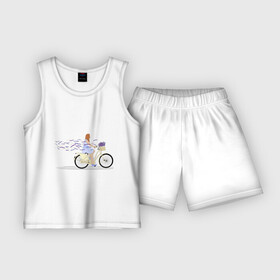 Детская пижама с шортами хлопок с принтом Девушка с лавандой в Екатеринбурге,  |  | велосипед | девушка | девушка на велосипеде | лаванда | цветок
