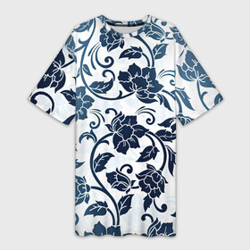 Платье-футболка 3D с принтом Гжелевые цветы в Екатеринбурге,  |  | арт | вектор | гжелевый рисунок | гжель | народный рисунок | рисунок | синий | хохлома | цветок | цветы