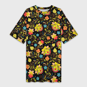 Платье-футболка 3D с принтом Мелкая хохлома в Екатеринбурге,  |  | арт | вектор | желтый | зеленый | золотой | красный | народный рисунок | рисунок | хохлома | цветок | цветы | чёрный | ягода | ягоды