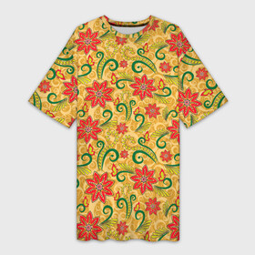 Платье-футболка 3D с принтом Оранжевая хохлома в Екатеринбурге,  |  | арт | вектор | желтый | зеленый | золотой | красный | народный рисунок | рисунок | хохлома | цветок | цветы | чёрный | ягода | ягоды
