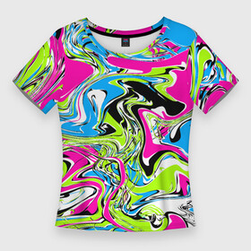 Женская футболка 3D Slim с принтом Абстрактные мраморные разводы в ярких цветах. Поп арт в Екатеринбурге,  |  | 90ые | абстрактный | белый | волны | зеленый | мрамор | неоновые цвета | поп арт | разводы | розовый | стиль 90х | черный | яркие цвета | яркий