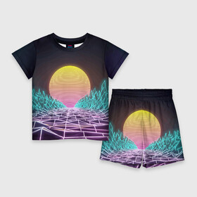 Детский костюм с шортами 3D с принтом Vaporwave  Закат солнца в горах  Neon в Екатеринбурге,  |  | mountains | neon | sun | sunset | vaporwave | горы | закат | неон | солнце
