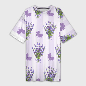 Платье-футболка 3D с принтом Лавандовые бабочки в Екатеринбурге,  |  | букет | лаванда | лавандовыйбукет | полосы | цветочный букет