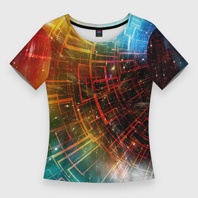 Женская футболка 3D Slim с принтом Portal  Neon Space  туннель из энергетических панелей в Екатеринбурге,  |  | Тематика изображения на принте: cosmos | neon | portal | space | stars | звёзды | космос | неон | портал | пространство