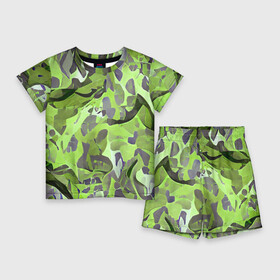 Детский костюм с шортами 3D с принтом Green breeze в Екатеринбурге,  |  | art | camouflage | colors | gray | green | military | pattern | soldier | war | военный | зеленый | камуфляж | маскировка | паттерн | серый | солдат | узор