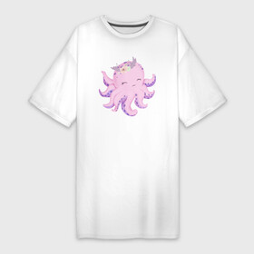 Платье-футболка хлопок с принтом Милая Осьминожка С Цветами в Екатеринбурге,  |  | animals | beast | cute | octopus | животные | звери | милый | осьминог | осьминожка