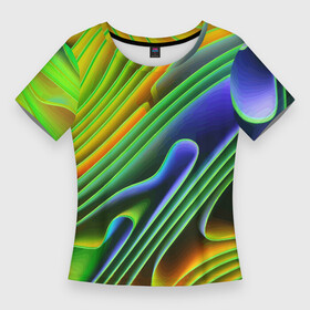 Женская футболка 3D Slim с принтом Цветные неоновые полосы  Абстракция  Color neon pattern  Abstraction в Екатеринбурге,  |  | abstraction | bending | color | neon | pattern | stripe | wave | абстракция | волна | изгиб | неон | полоса | цвет