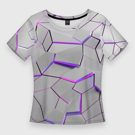 Женская футболка 3D Slim с принтом 3д плиты  белый неон в Екатеринбурге,  |  | 3d | 3д | 3д плиты | лазер | линии | лучи | неон | неоновые | патерны | свет | светлые | светящиеся | соты | текстуры | трещины | ультрафиолет
