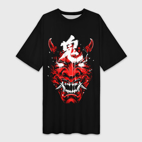 Платье-футболка 3D с принтом Red Evil Oni в Екатеринбурге,  |  | burning | demon | devil | evil | eyes | fangs | hieroglyphs | horns | mask | oni | red | smoke | steam | tengu | yokai | глаза | горящие | демон | демона | дым | дьявол | дьявола | ёкай | ёкая | злой | иероглифы | клыки | красный | маска | они | пар | рог