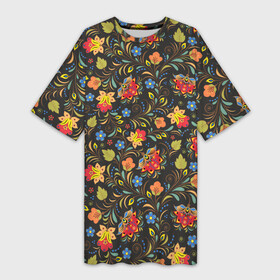 Платье-футболка 3D с принтом Хохломские цветочки в Екатеринбурге,  |  | орнамент | творчество | узоры | хохлома | цветы