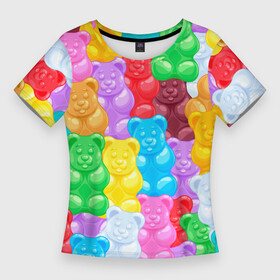 Женская футболка 3D Slim с принтом мармеладные мишки разноцветные в Екатеринбурге,  |  | background | bear | bears | colorful | gummy bears | haribo | marmalade | multicolor | sweets | мармелад | мармеладные мишки | медведи | медведь | мишки | мультицвет | разноцветный | сладости | фон | харибо