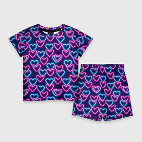Детский костюм с шортами 3D с принтом Неоновые сердца, паттерн в Екатеринбурге,  |  | Тематика изображения на принте: абстракция | любовь | неон | неоновый | розовый | сердце | темный фон
