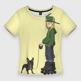 Женская футболка 3D Slim с принтом Девочка и собака улыбака в Екатеринбурге,  |  | Тематика изображения на принте: бульдог | девушка | мопс | ролики | роллер | смайл | собака | тинейджер | улыбка