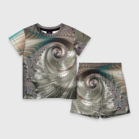 Детский костюм с шортами 3D с принтом Fractal pattern  Spiral  Серебристый фрактал спираль в Екатеринбурге,  |  | abstraction | fashion | fractal | pattern | spiral | vangard | абстракция | авангард | мода | спираль | узор | фрактал