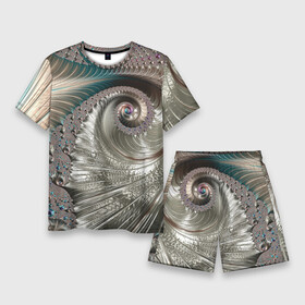 Мужской костюм с шортами 3D с принтом Fractal pattern  Spiral  Серебристый фрактал спираль в Екатеринбурге,  |  | abstraction | fashion | fractal | pattern | spiral | vangard | абстракция | авангард | мода | спираль | узор | фрактал