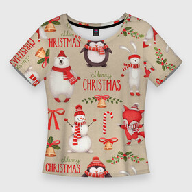 Женская футболка 3D Slim с принтом СЧАСТЛИВОГО РОЖДЕСТВА ( MERRY CHRISTMAS) в Екатеринбурге,  |  | дед мороз | елка | заяц | зима | каникулы | лиса | медведь | олени | пингвин | праздник | праздничный | снег | цитата