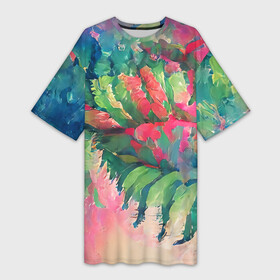 Платье-футболка 3D с принтом Тропический микс в Екатеринбурге,  |  | colors | fern | jungle | leaves | multicoloured | palm | summer | tree | деревья | джунгли | летнее настроение | лето | листья | пальма | папоротник | радостный | разноцветный | растения | рисунок | тропики | яркий