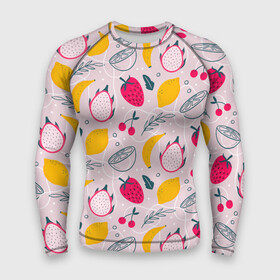 Мужской рашгард 3D с принтом Fruit Pattern в Екатеринбурге,  |  | banana | berry | fruit | lemon | pattern | бананы | драконий фрукт | клубника | лимон | паттерн | текстура | фрукты | ягоды