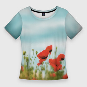 Женская футболка 3D Slim с принтом Маки  небо в Екатеринбурге,  |  | Тематика изображения на принте: в поле | красные пятна | мак | маки | небо | небо с цветами | поле | полевые цветы | природа | с маками | с цветами | цветочный принт | цветы