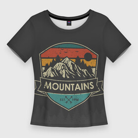 Женская футболка 3D Slim с принтом Горы  Mountains в Екатеринбурге,  |  | 1994 | hills | mountains | гора | горы | грандж | гранж | деревья | надпись горы | силуэт птиц | цветные полосы