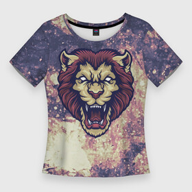 Женская футболка 3D Slim с принтом Дымчатый лев в Екатеринбурге,  |  | большая | дикий | зверь | злобный | злой | знак зодиака | космический | космос | кошка | лев | оскал | фиолетовый | хищник | хищный | царь | царь зверей