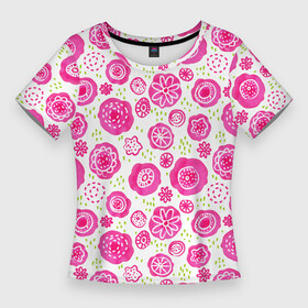 Женская футболка 3D Slim с принтом Яркие розовые цветы в дудл стиле, абстракция в Екатеринбурге,  |  | акварель | акварельные пятна | весна | дудл | зеленый | каракули | летний паттерн | лето | луг | паттерн | розовый | узор | цветы
