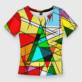 Женская футболка 3D Slim с принтом ЦВЕТНОЙ ВИТРАЖ в Екатеринбурге,  |  | абстракт | красочный | оптическая иллюзия | розовый | синий | стекло | треугольник | цветной