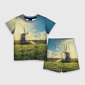 Детский костюм с шортами 3D с принтом Мельница в поле в Екатеринбурге,  |  | деревня | мельница | небо | облака | поле | природа | солнце | ферма