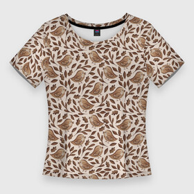 Женская футболка 3D Slim с принтом Акварельные птицы и листья в Екатеринбурге,  |  | акварель | акварельные | животные | коричневый | листья | паттерн | природа | птицы | растения