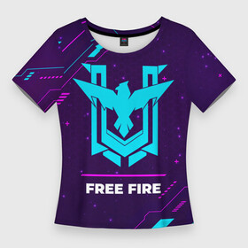 Женская футболка 3D Slim с принтом Символ Free Fire в неоновых цветах на темном фоне в Екатеринбурге,  |  | fire | free | free fire | garena | logo | neon | гарена | игра | игры | краска | лого | логотип | неон | символ | фаер | фри